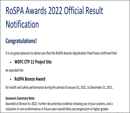 CTP-11 - RoSPA Bronze award for Health & Safety Performance during 2021