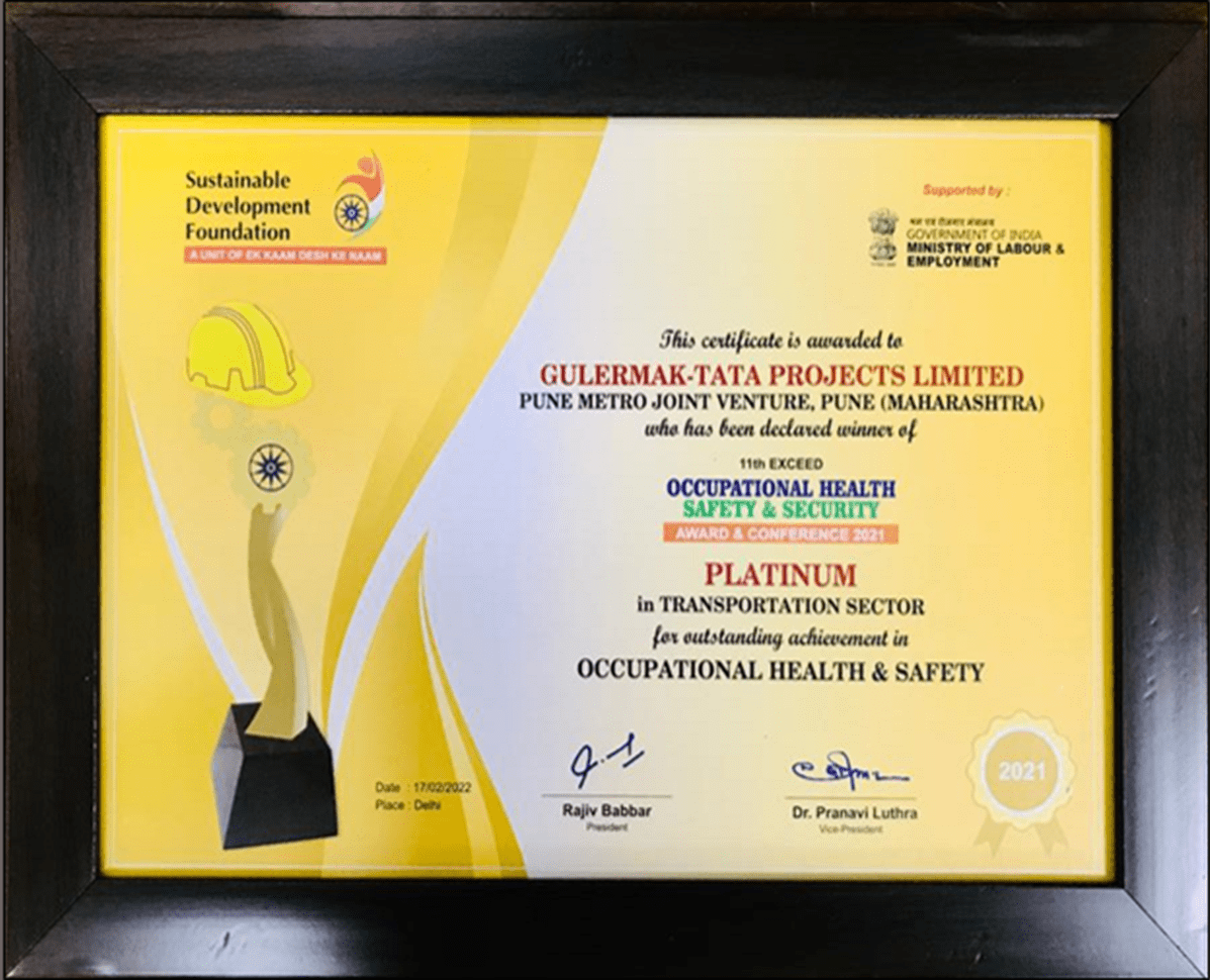 Pune UG Metro Project - Platinum Award By Sustainable Development Foundation For Outstanding Achievement In Occupational Health And Safety