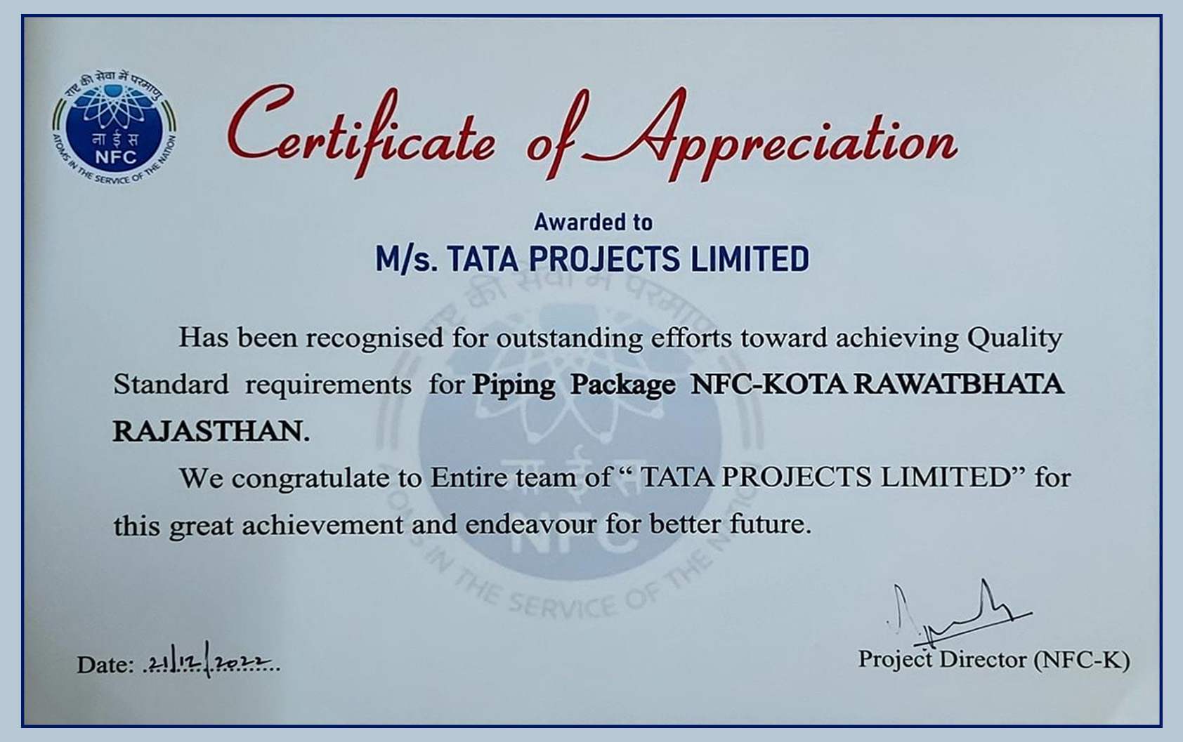 SBU HCI – NFC Kota Rawatbhata - Appreciation certificate received from Client towards achieving outstanding Quality standard requirements