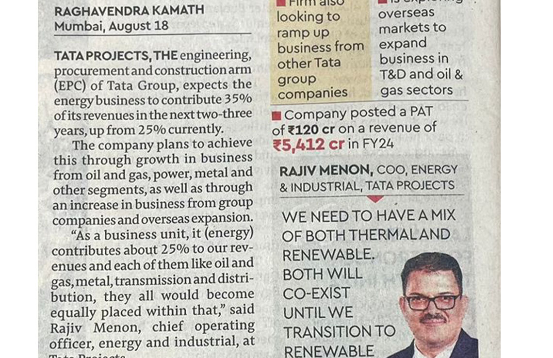 Tata Projects sees rise in revenue from Energy Biz