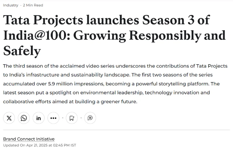 Tata Projects launches Season 3 of India@100: Growing Responsibly and Safely