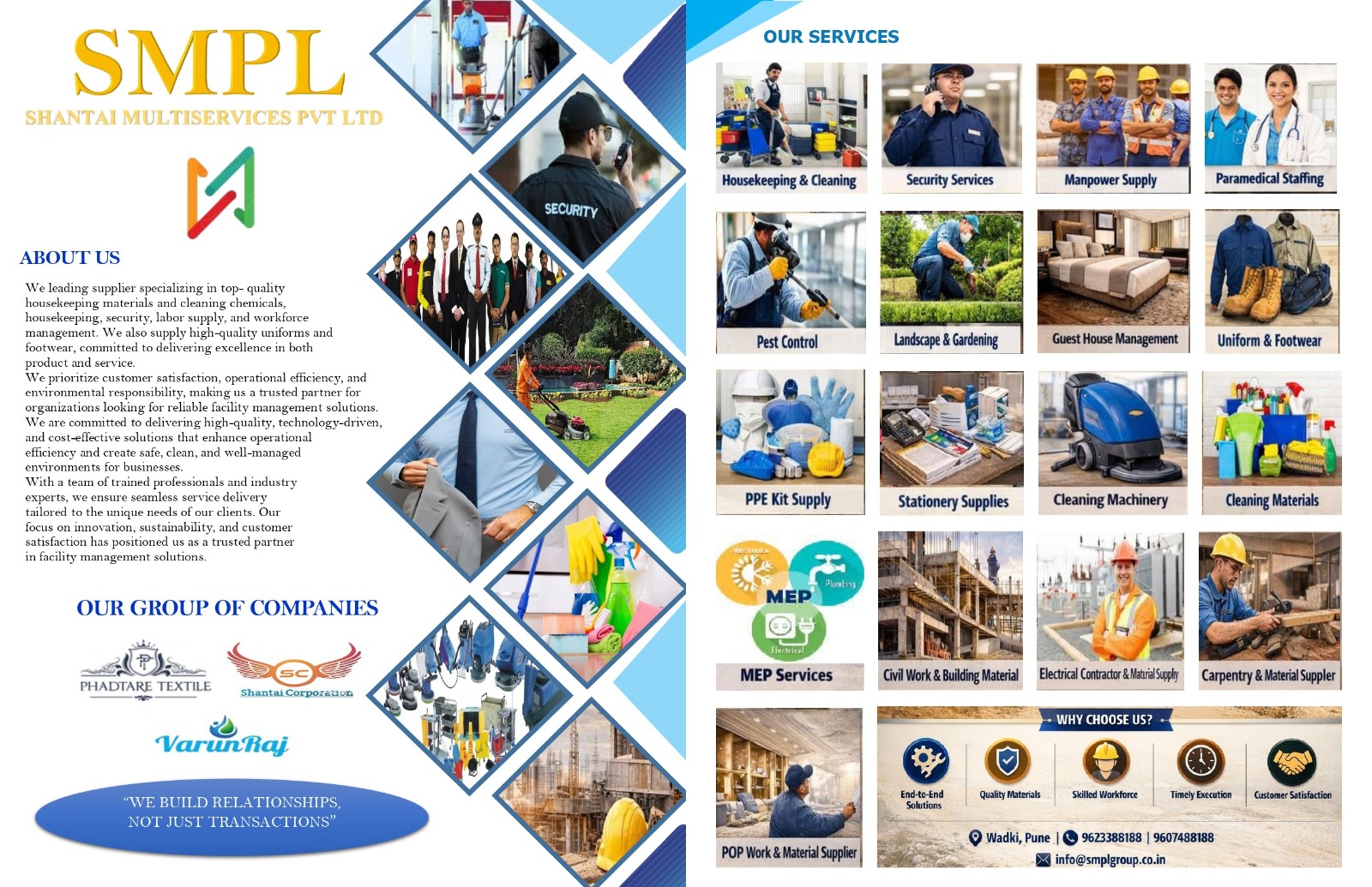 Corporate brochure for Shantai Multiservices Pvt Ltd (SMPL) detailing integrated facility management and infrastructure solutions. The left panel features the company profile, group logos (Phadtare Textile, Shantai Corporation, Varun Raj), and staff photos. The right panel displays a 16-service grid including Housekeeping, Security, Manpower, Paramedical Staffing, MEP, Civil Work, and Electrical Contracting. The footer includes corporate value icons and Pune contact details.