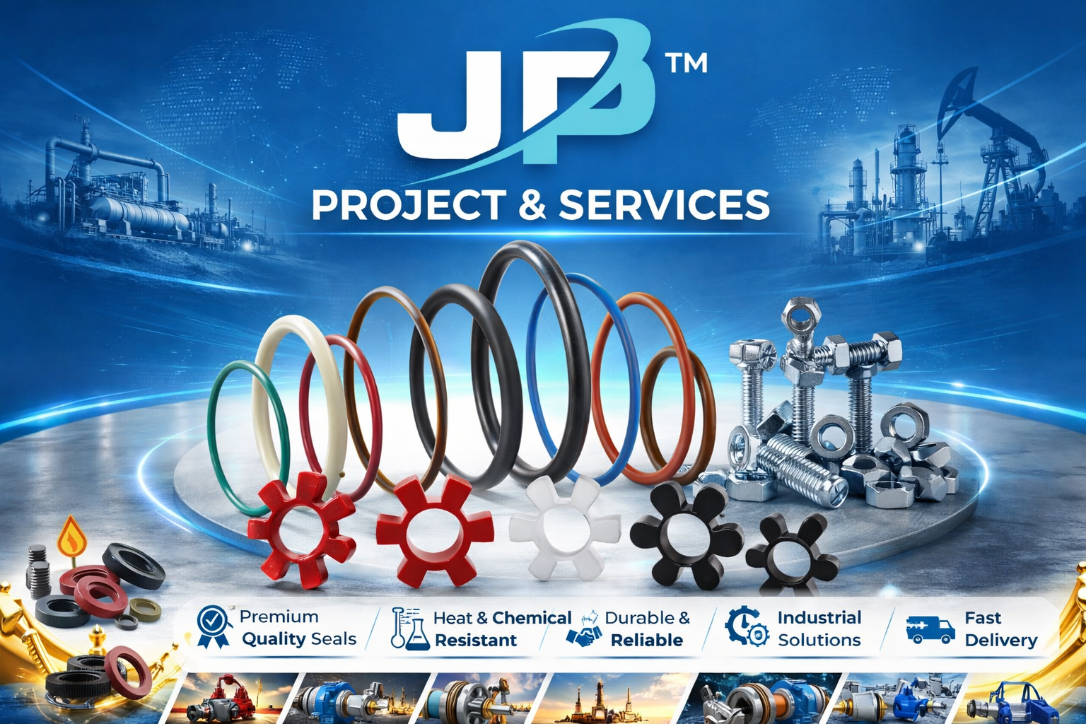 JP PROJECT & SERVICES is a reputed manufacturer of all types of Rubber, PU, Nylon, Hylam, Carbon Seal & Brushes, Graphite, Teflon & Plastic goods, as well as Spiral Wound Gasket, Octagonal & Round Gasket, Pressure Seal Ring (SS & Soft Iron), also Nut & Bolts.