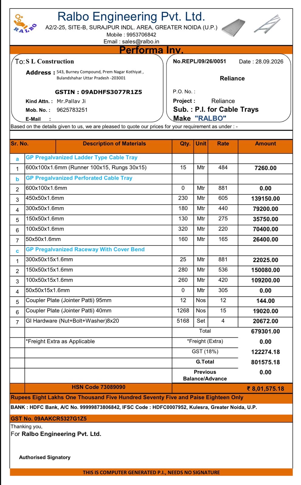 S L Construction invoice
