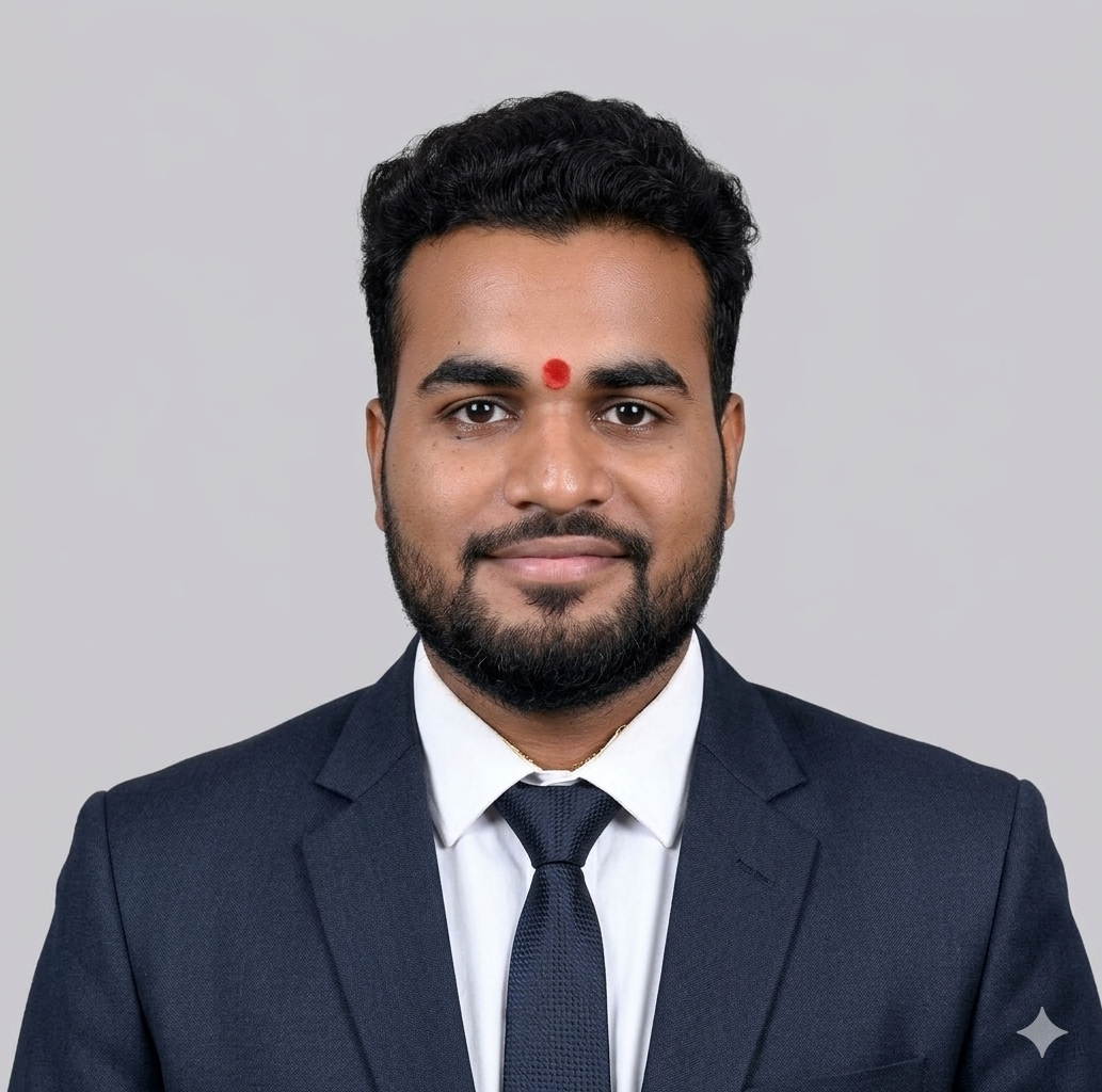Corporate headshot of a smiling man with a beard and a red tilak, wearing a navy suit, tie, and glasses against a gray background.