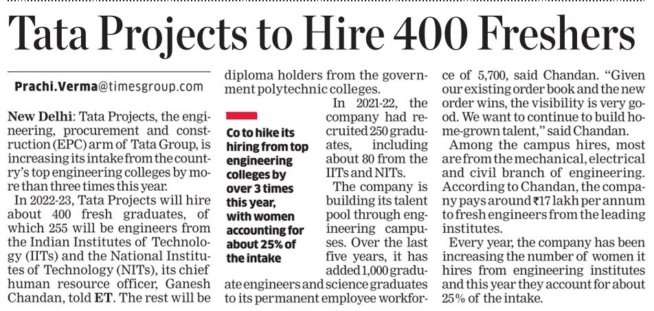 Tata Projects To Hire 400 Freshers