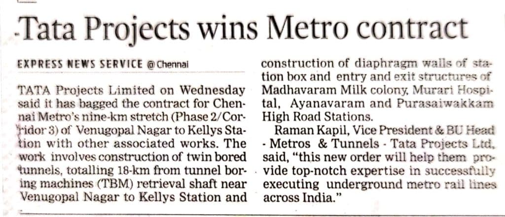 Tata Projects wins Metro contract